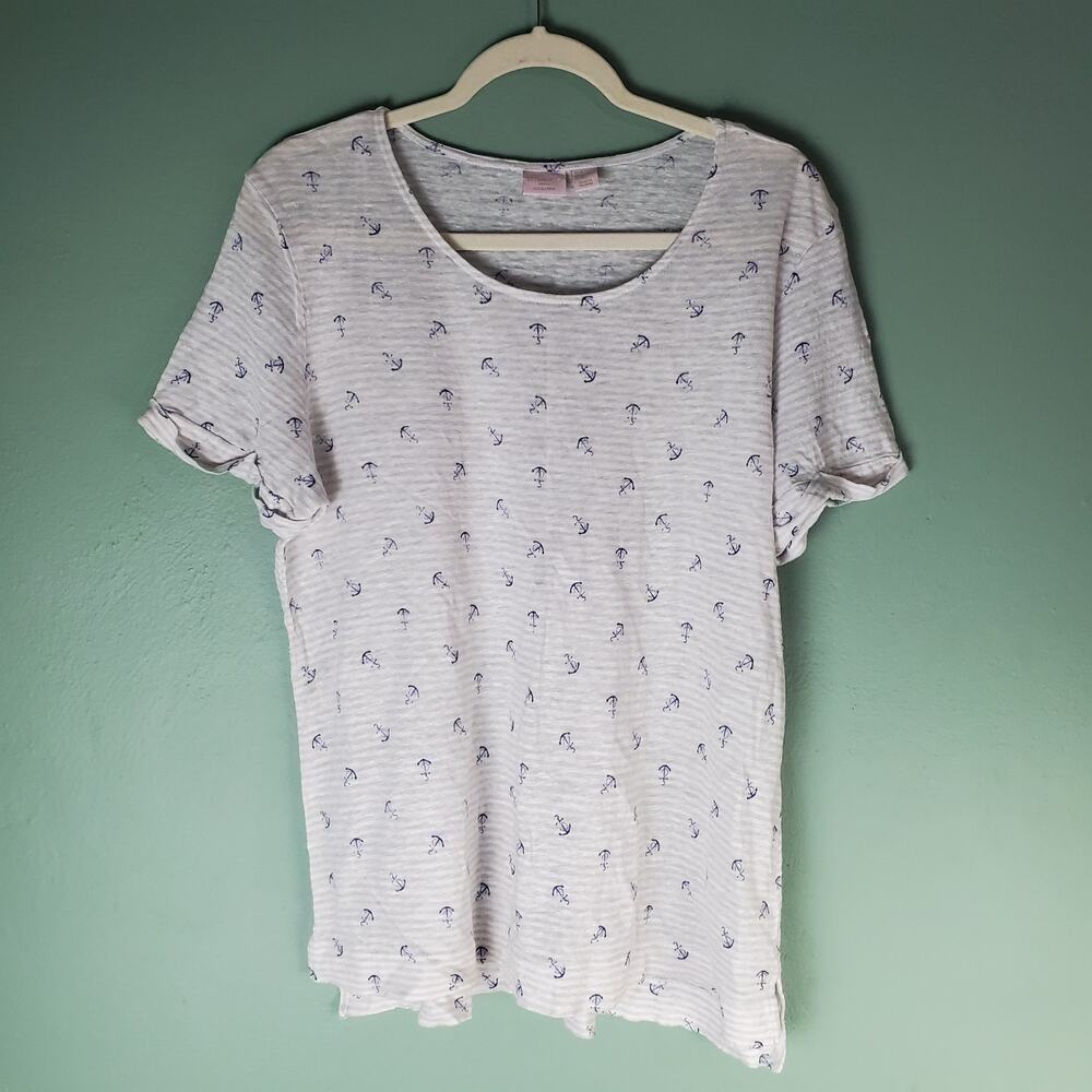 St. Tropez West Womens White Linen Nautical Anchor SS Top Size XL Coastal
